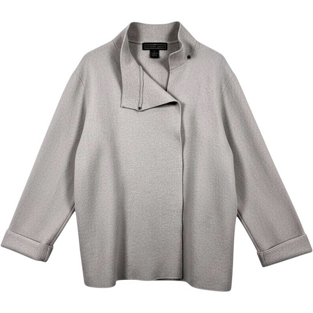 Herman Geist Jacket Womens M Taupe 100% Wool Asymmetrical Snap Mock Neck Boiled
